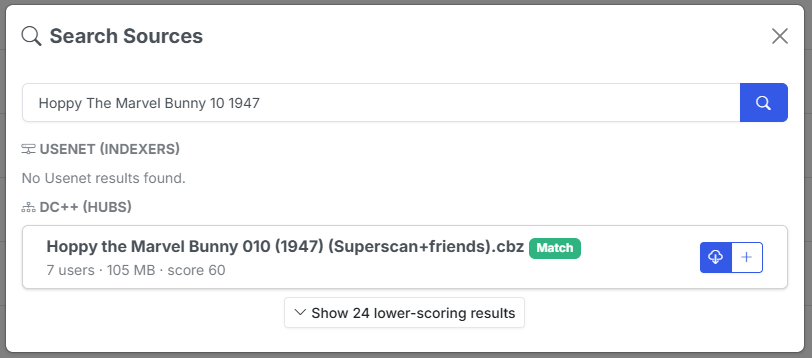 DC++ results in the search modal