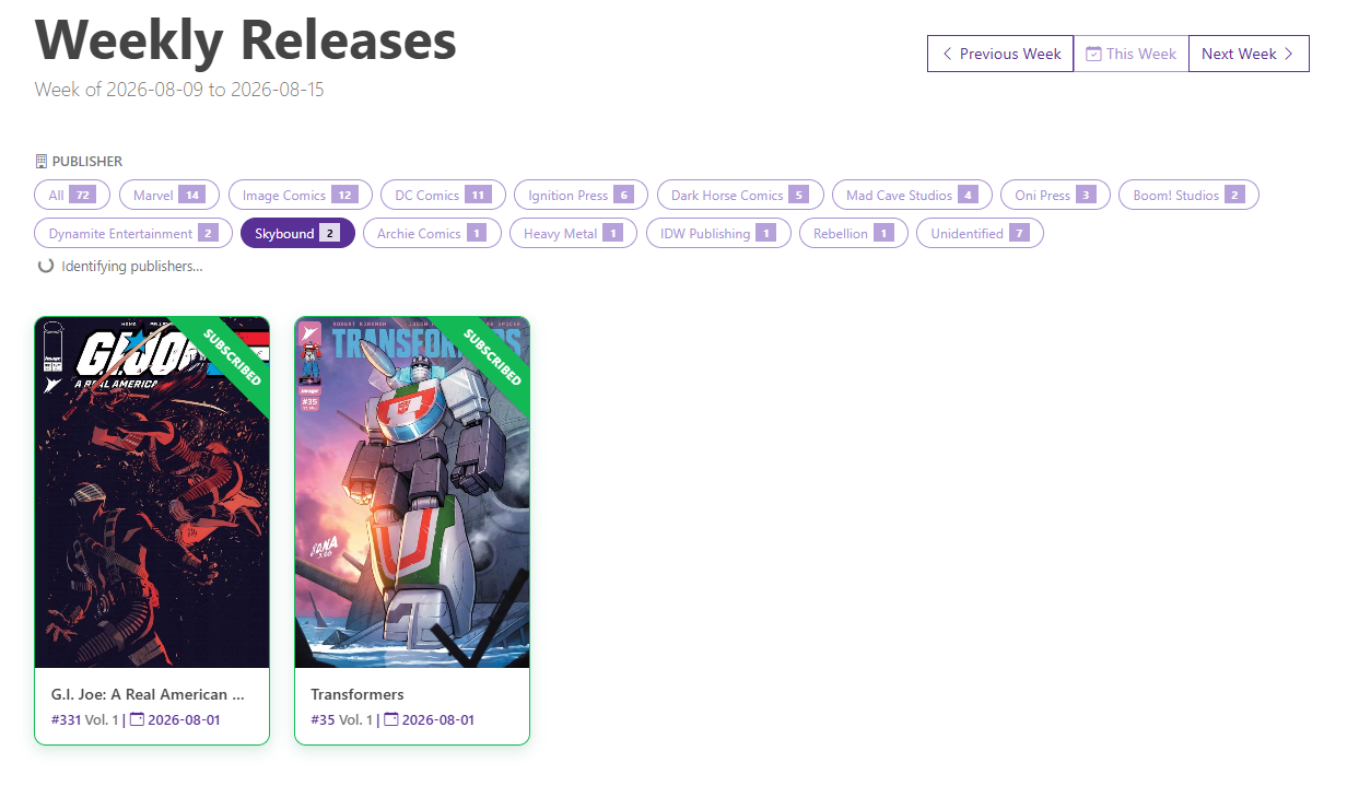 Publisher filter pills on Weekly Releases