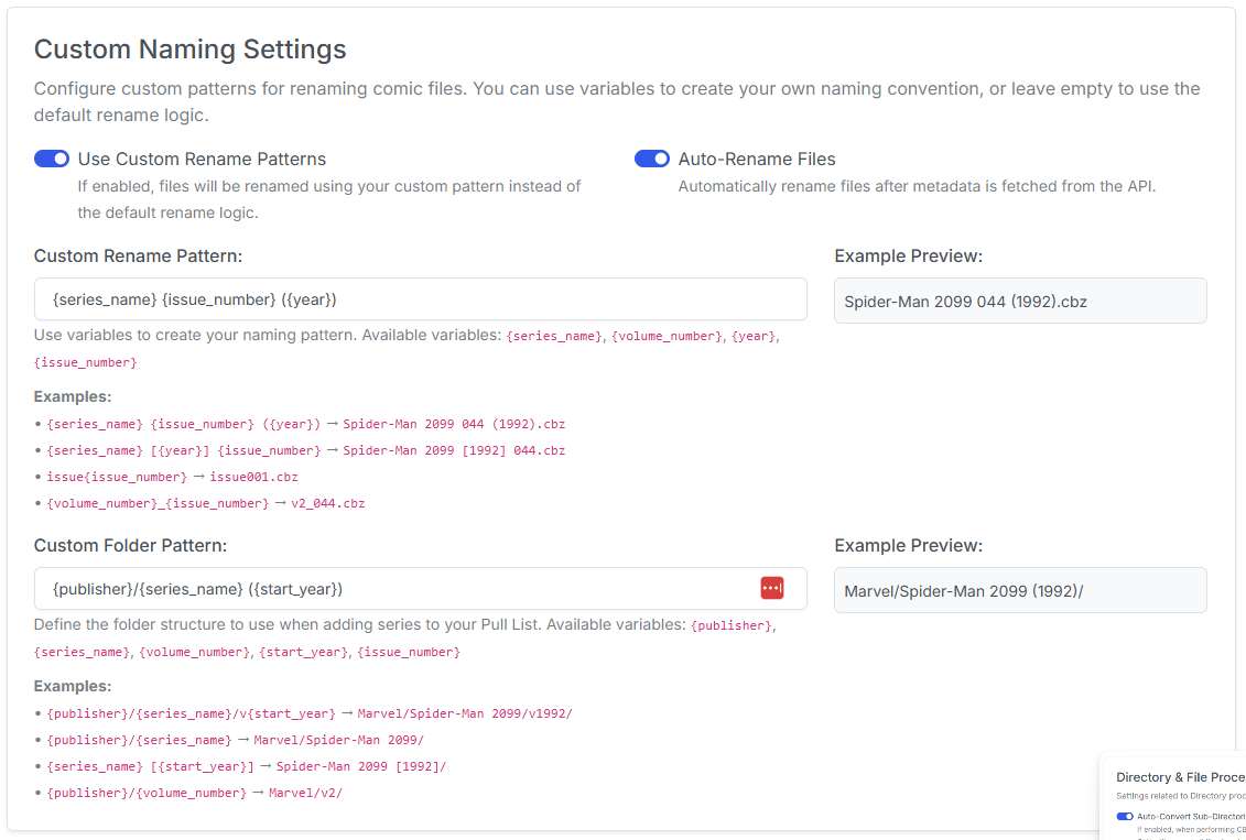 Custom Naming Settings
