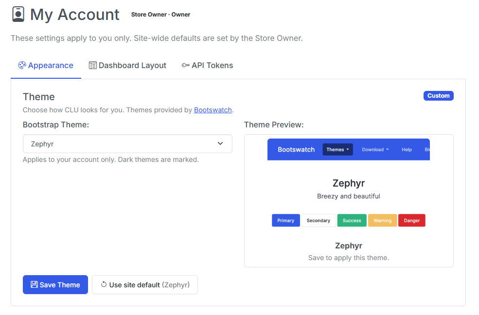 My Account appearance pane